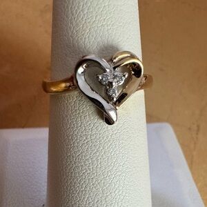 10K Yellow and White Gold and Diamonds Open Heart Ring size 7